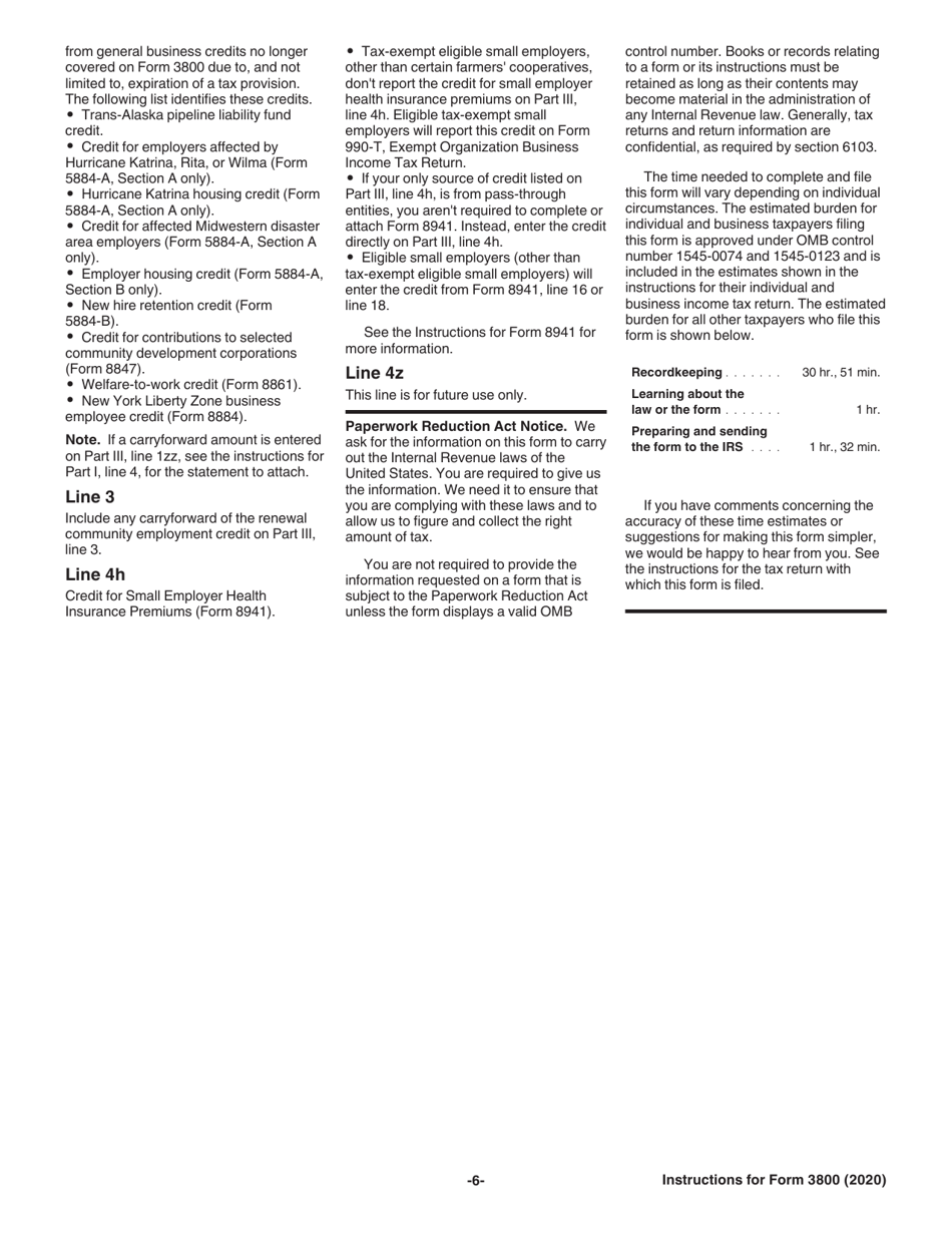 Instructions for IRS Form 3800 General Business Credit, Page 6