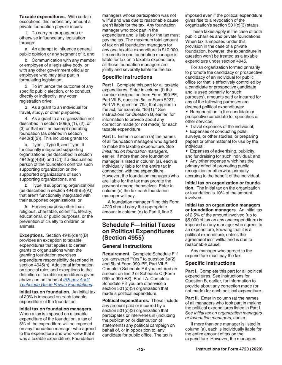 Instructions for IRS Form 4720 Return of Certain Excise Taxes Under Chapters 41 and 42 of the Internal Revenue Code, Page 12