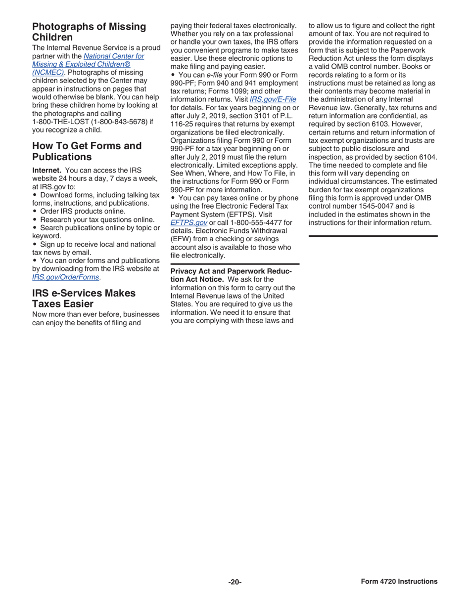 Instructions for IRS Form 4720 Return of Certain Excise Taxes Under Chapters 41 and 42 of the Internal Revenue Code, Page 20