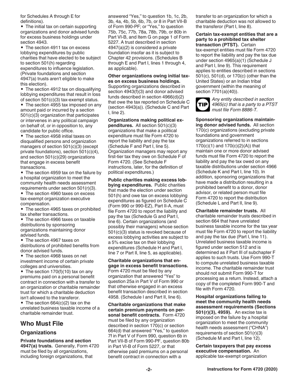 Instructions for IRS Form 4720 Return of Certain Excise Taxes Under Chapters 41 and 42 of the Internal Revenue Code, Page 2