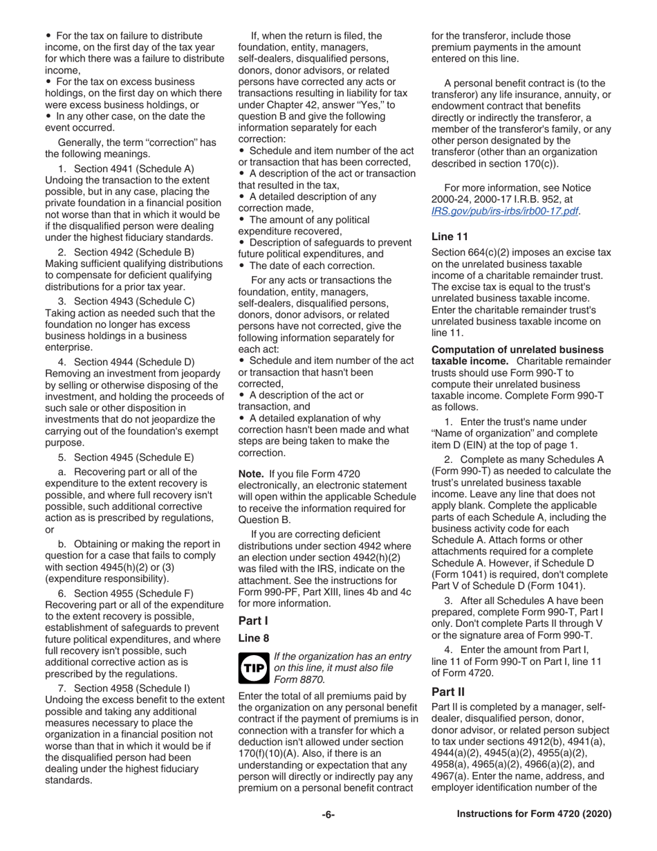 Instructions for IRS Form 4720 Return of Certain Excise Taxes Under Chapters 41 and 42 of the Internal Revenue Code, Page 6