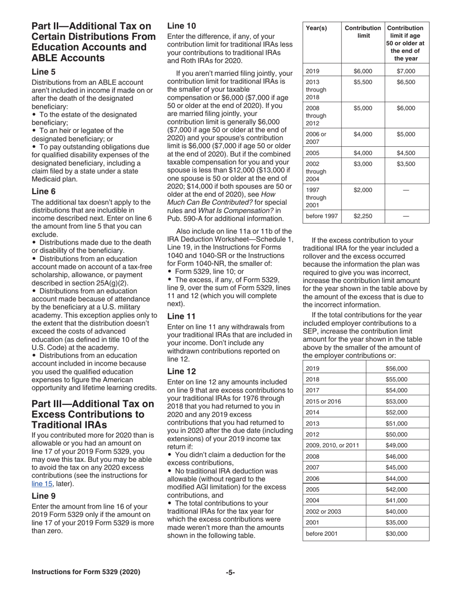 Instructions for IRS Form 5329 Additional Taxes on Qualified Plans (Including IRAs) and Other Tax-Favored Accounts, Page 5
