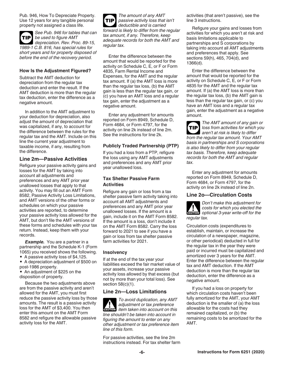 Instructions for IRS Form 6251 Alternative Minimum Tax - Individuals, Page 6