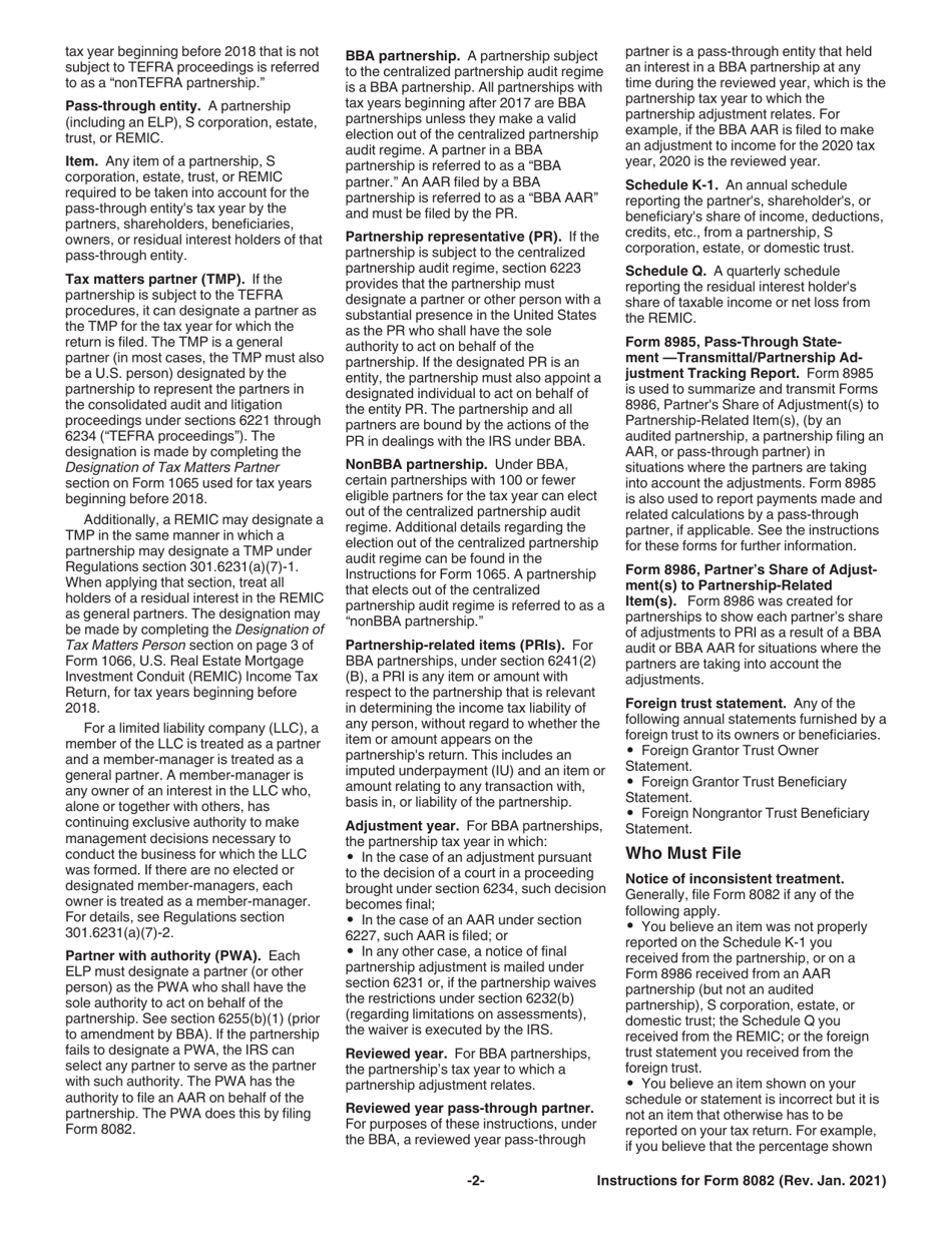 Instructions for IRS Form 8082 Notice of Inconsistent Treatment or Administrative Adjustment Request (AAR), Page 2