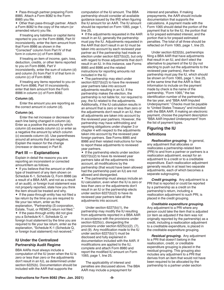 Instructions for IRS Form 8082 Notice of Inconsistent Treatment or Administrative Adjustment Request (AAR), Page 9