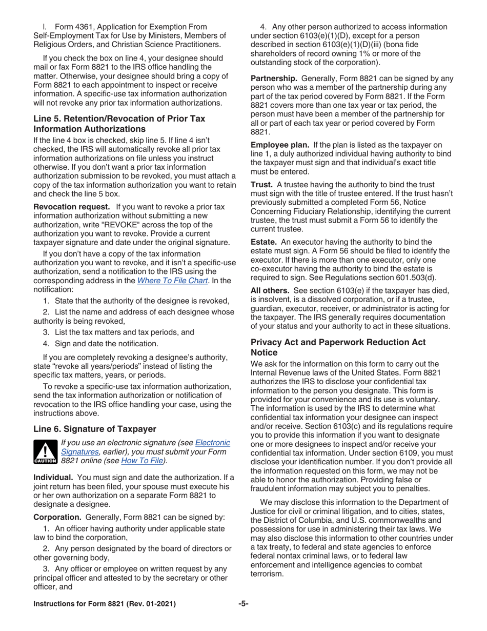 Instructions for IRS Form 8821 Tax Information Authorization, Page 5