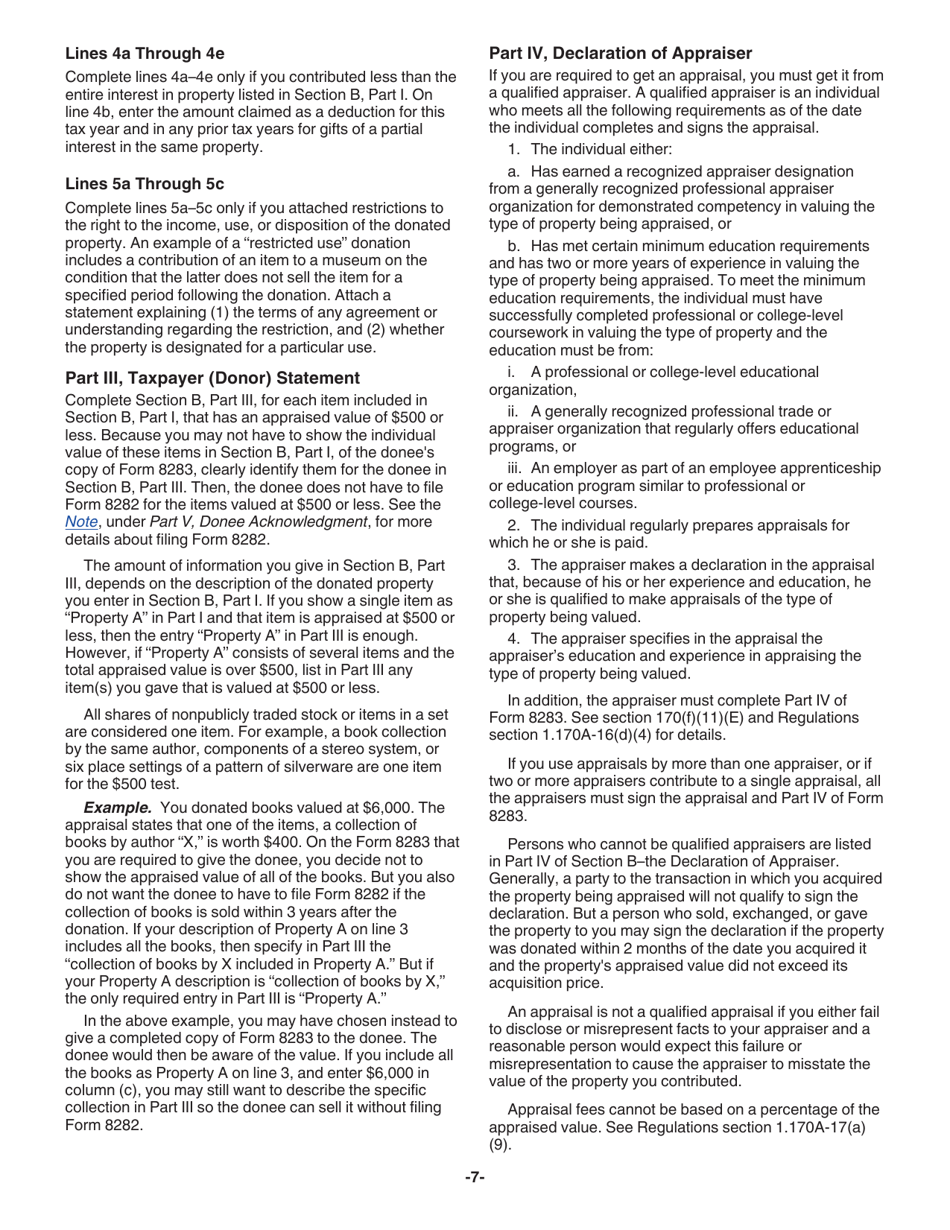 Instructions for IRS Form 8283 Noncash Charitable Contributions, Page 7