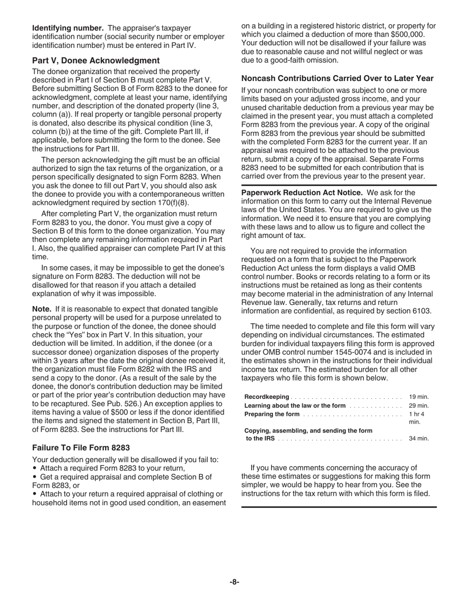 Instructions for IRS Form 8283 Noncash Charitable Contributions, Page 8
