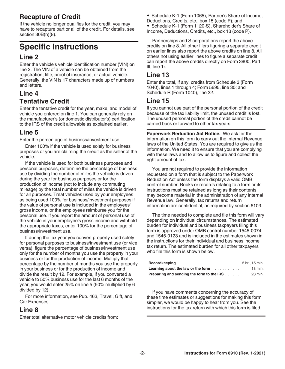 Instructions for IRS Form 8910 Alternative Motor Vehicle Credit, Page 2