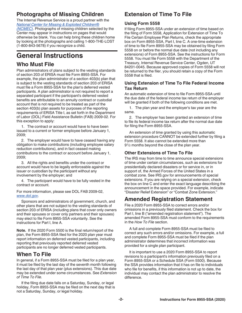 Instructions for IRS Form 8955-SSA Annual Registration Statement Identifying Separated Participants With Deferred Vested Benefits, Page 2