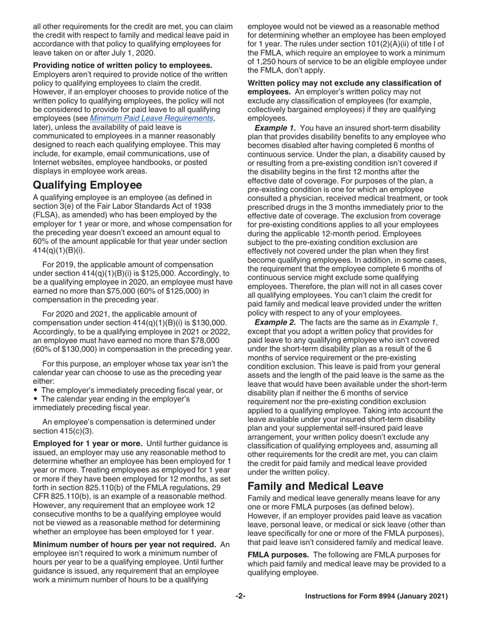 Instructions for IRS Form 8994 Employer Credit for Paid Family and Medical Leave, Page 2