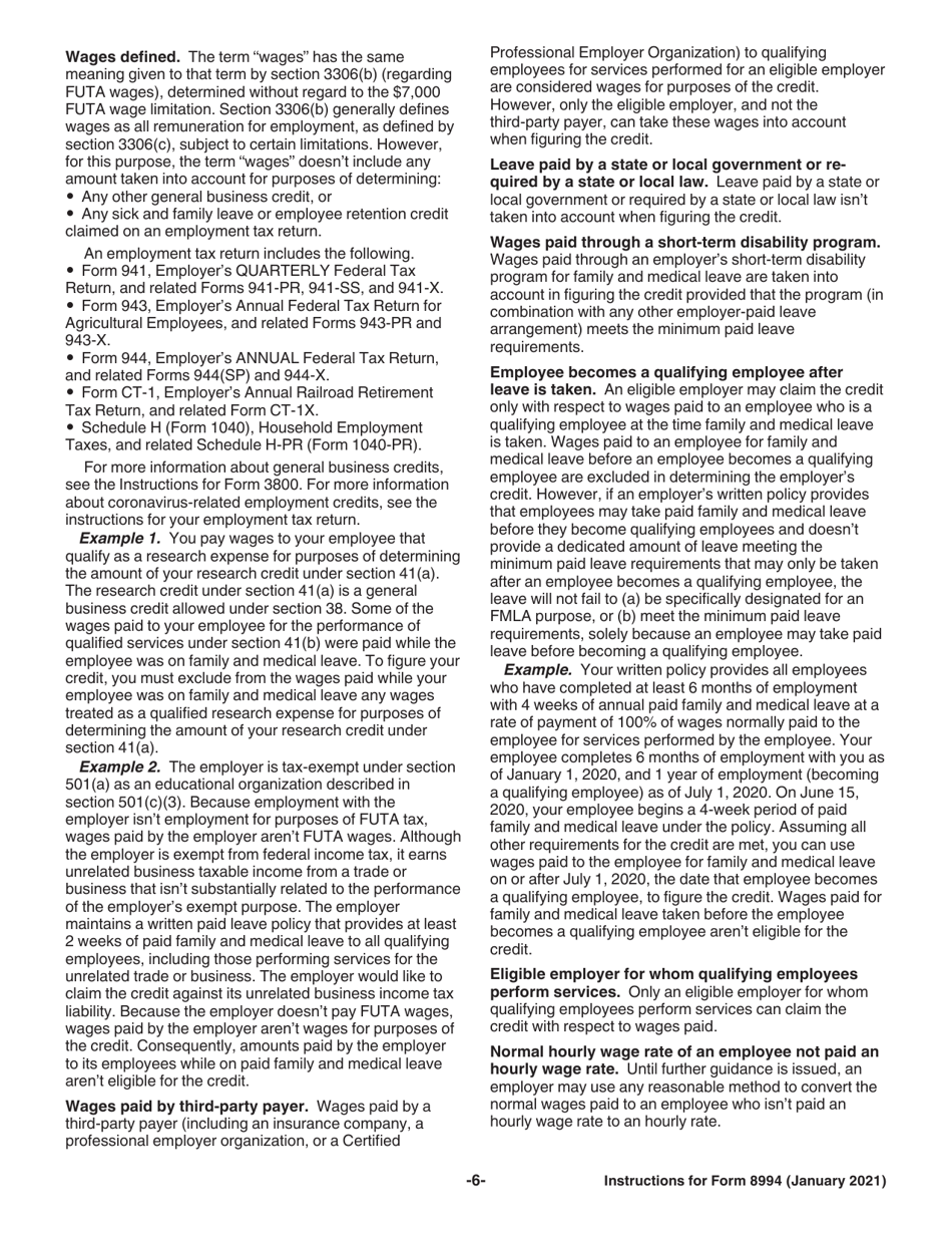 Instructions for IRS Form 8994 Employer Credit for Paid Family and Medical Leave, Page 6