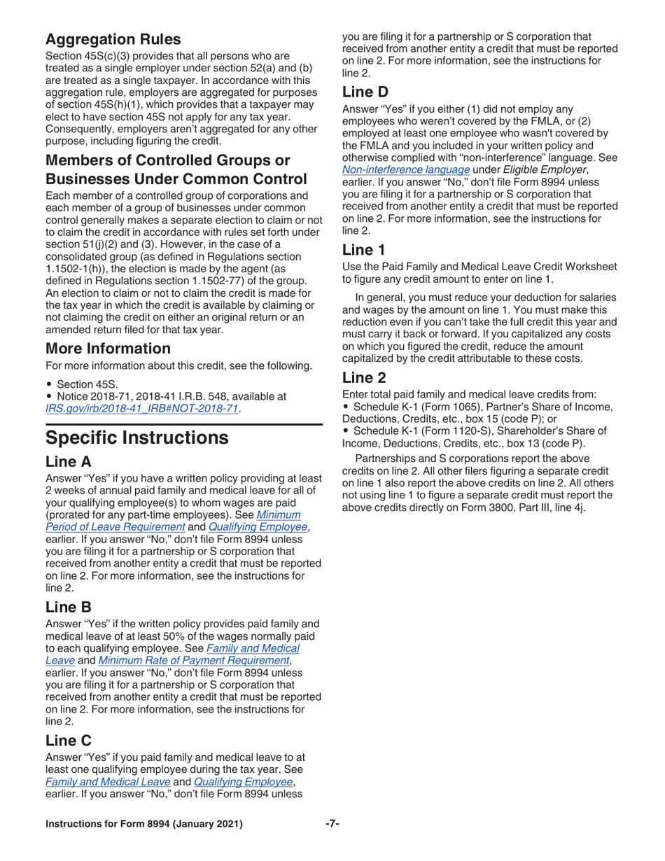 Instructions for IRS Form 8994 Employer Credit for Paid Family and Medical Leave, Page 7