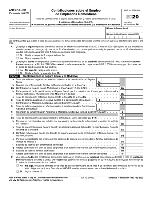 IRS Formulario 1040-PR Anexo H-PR 2020 Printable Pdf