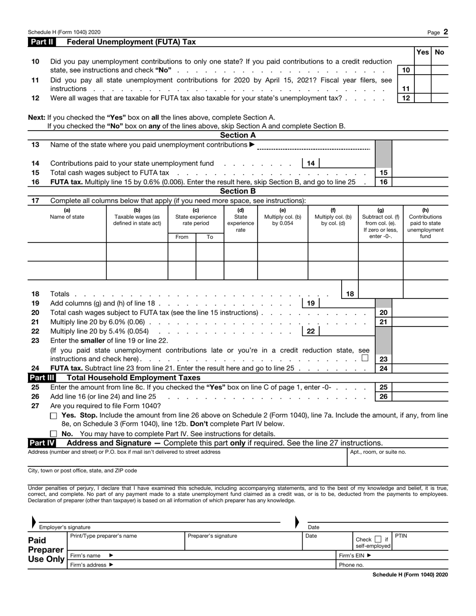 IRS Form 1040 Schedule H Household Employment Taxes, Page 2