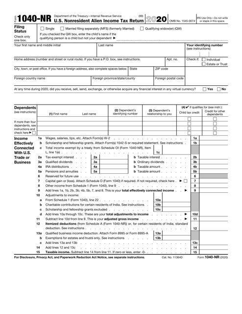IRS Form 1040-NR 2020 Printable Pdf