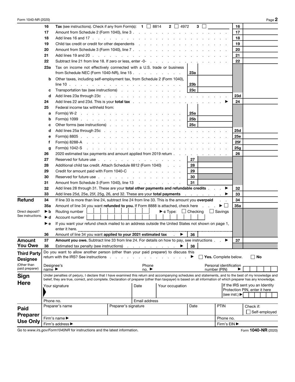 IRS Form 1040-NR U.S. Nonresident Alien Income Tax Return, Page 2