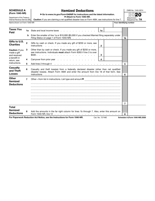 IRS Form 1040-NR Schedule A 2020 Printable Pdf