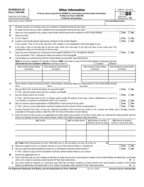 IRS Form 1040-NR Schedule OI 2020 Printable Pdf