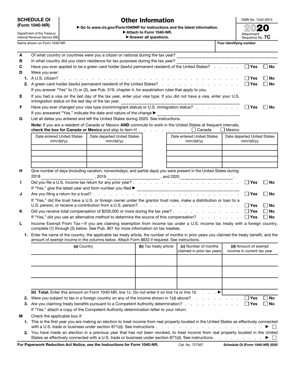 IRS Form 1040-NR Schedule OI - 2020 - Fill Out, Sign Online and
