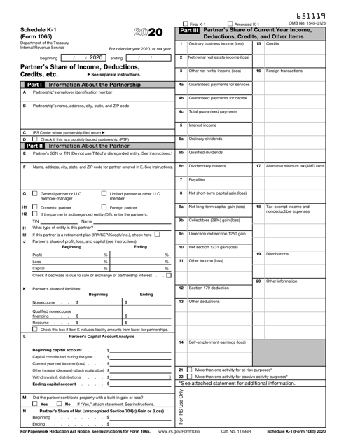 IRS Form 1065 Schedule K-1 2020 Printable Pdf