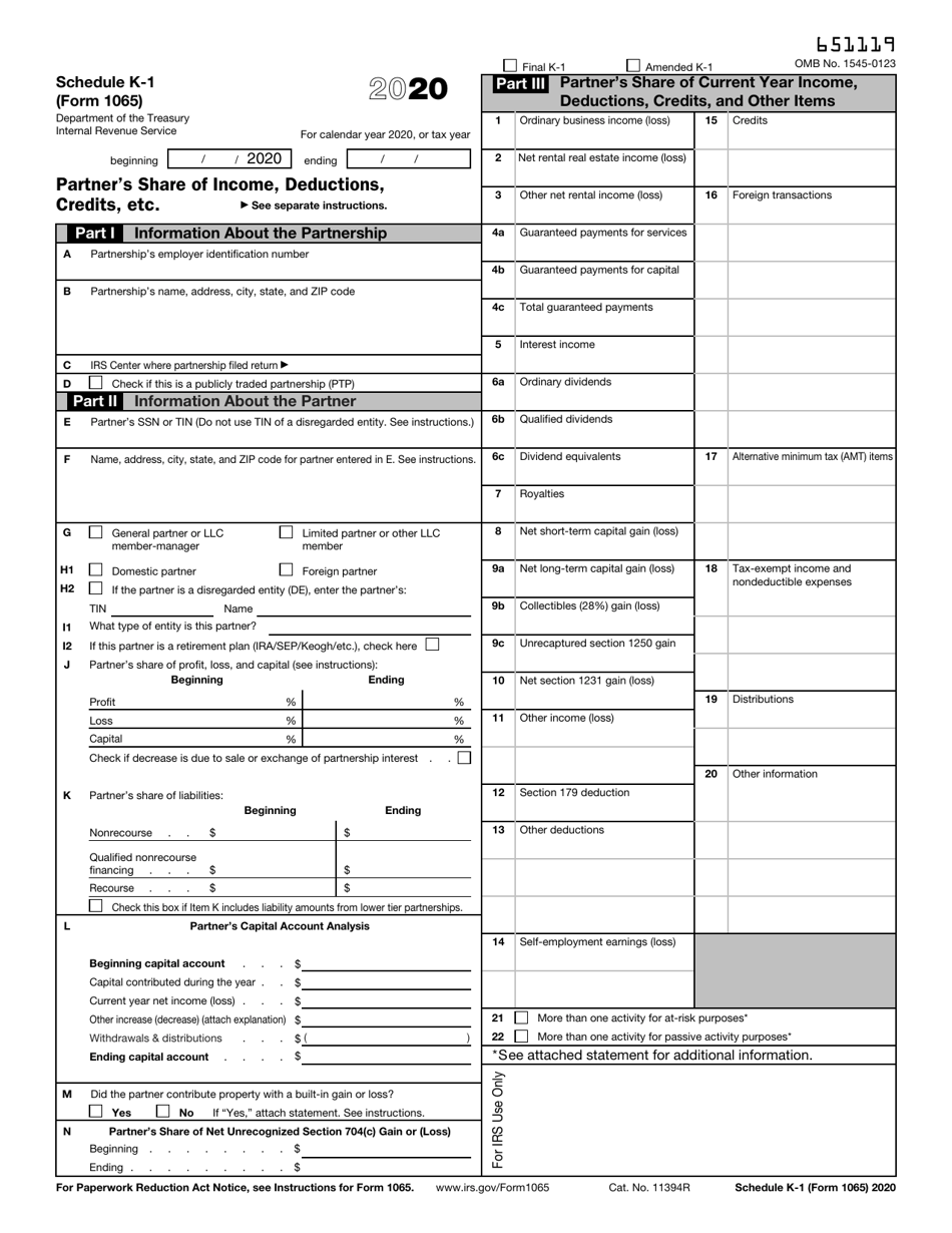IRS Form 1065 Schedule K-1 Partners Share of Income, Deductions, Credits, Etc., Page 1
