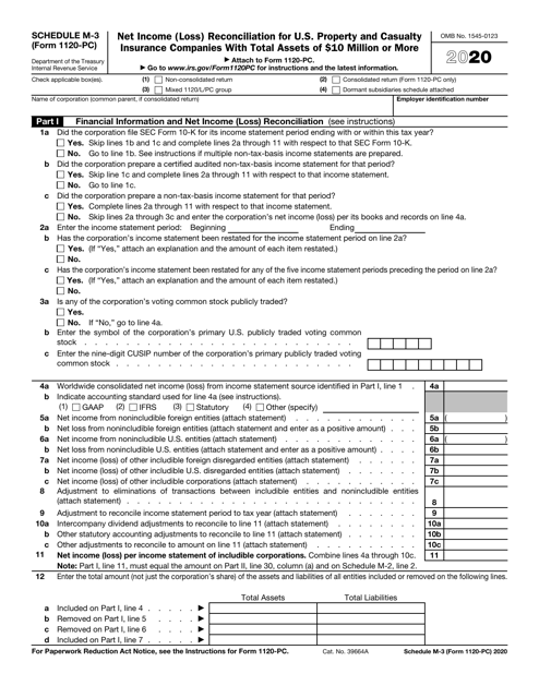 IRS Form 1120-PC Schedule M-3 2020 Printable Pdf