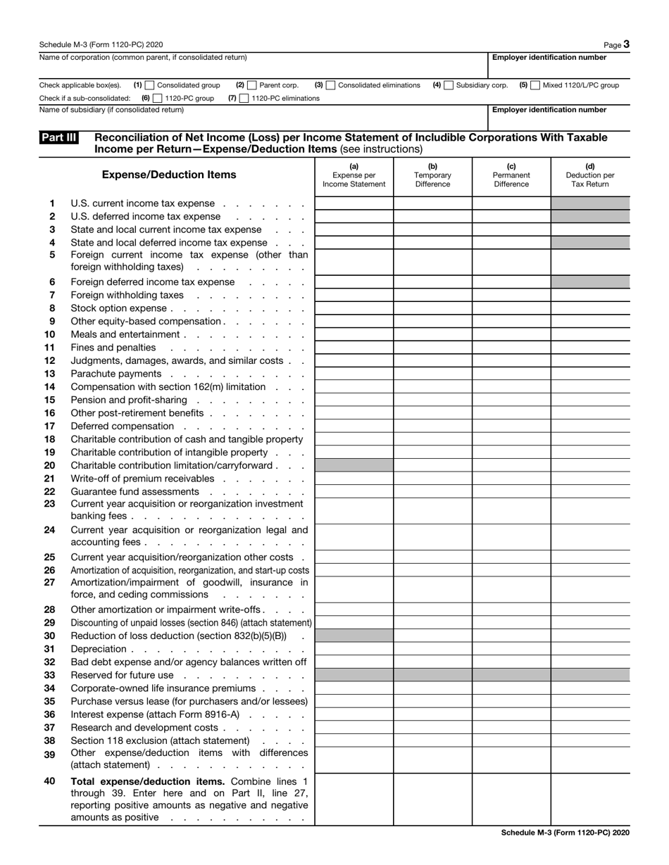 IRS Form 1120-PC Schedule M-3 Net Income (Loss) Reconciliation for U.S. Property and Casualty Insurance Companies With Total Assets of $10 Million or More, Page 3