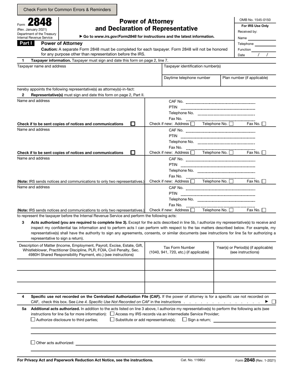 IRS Form 2848 Power of Attorney and Declaration of Representative, Page 1