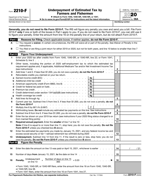 IRS Form 2210-F 2020 Printable Pdf