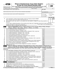 Document preview: IRS Form 4720 Return of Certain Excise Taxes Under Chapters 41 and 42 of the Internal Revenue Code