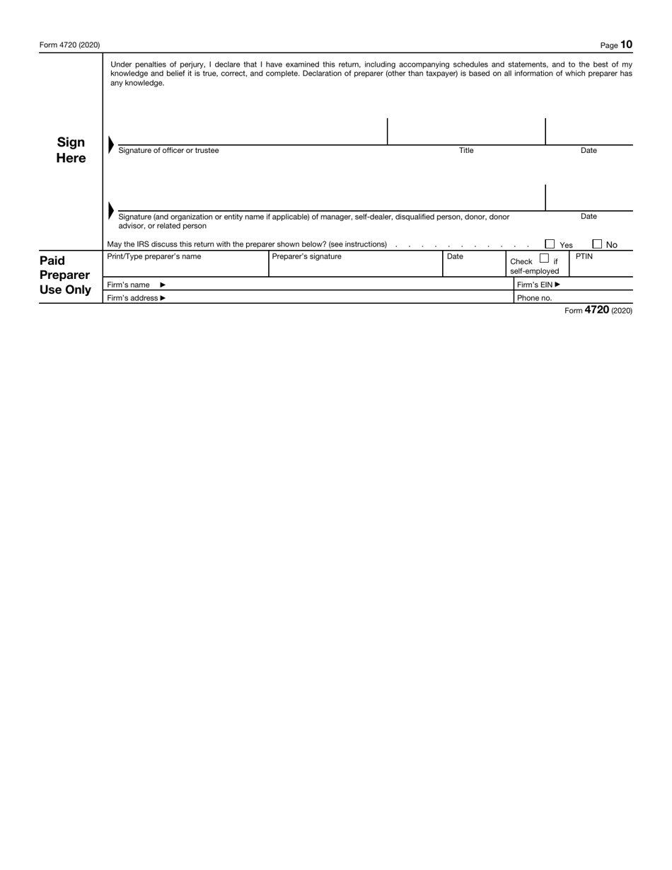 IRS Form 4720 Return of Certain Excise Taxes Under Chapters 41 and 42 of the Internal Revenue Code, Page 10