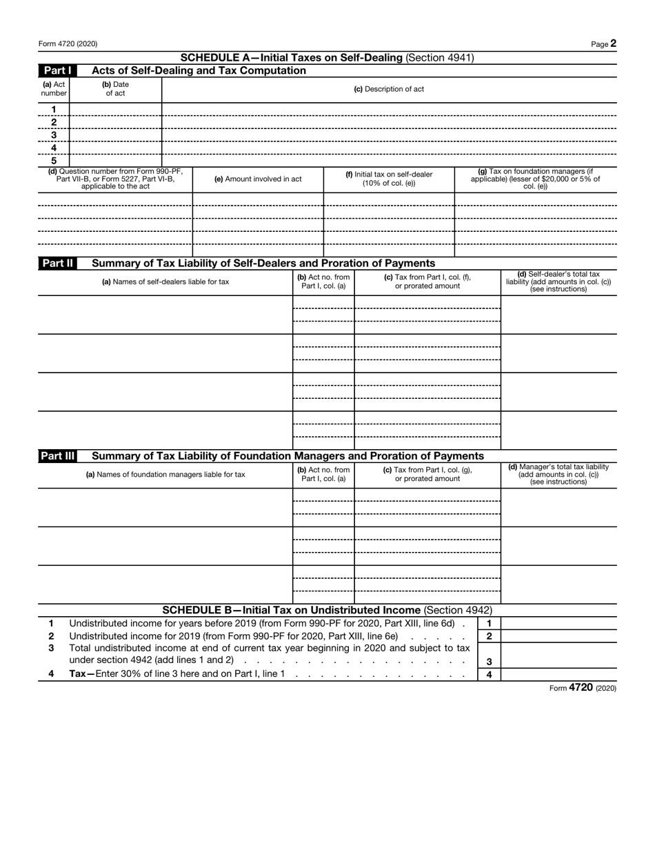 IRS Form 4720 Return of Certain Excise Taxes Under Chapters 41 and 42 of the Internal Revenue Code, Page 2