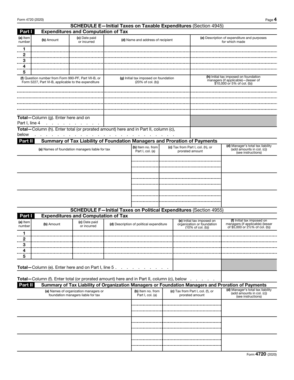 IRS Form 4720 Return of Certain Excise Taxes Under Chapters 41 and 42 of the Internal Revenue Code, Page 4