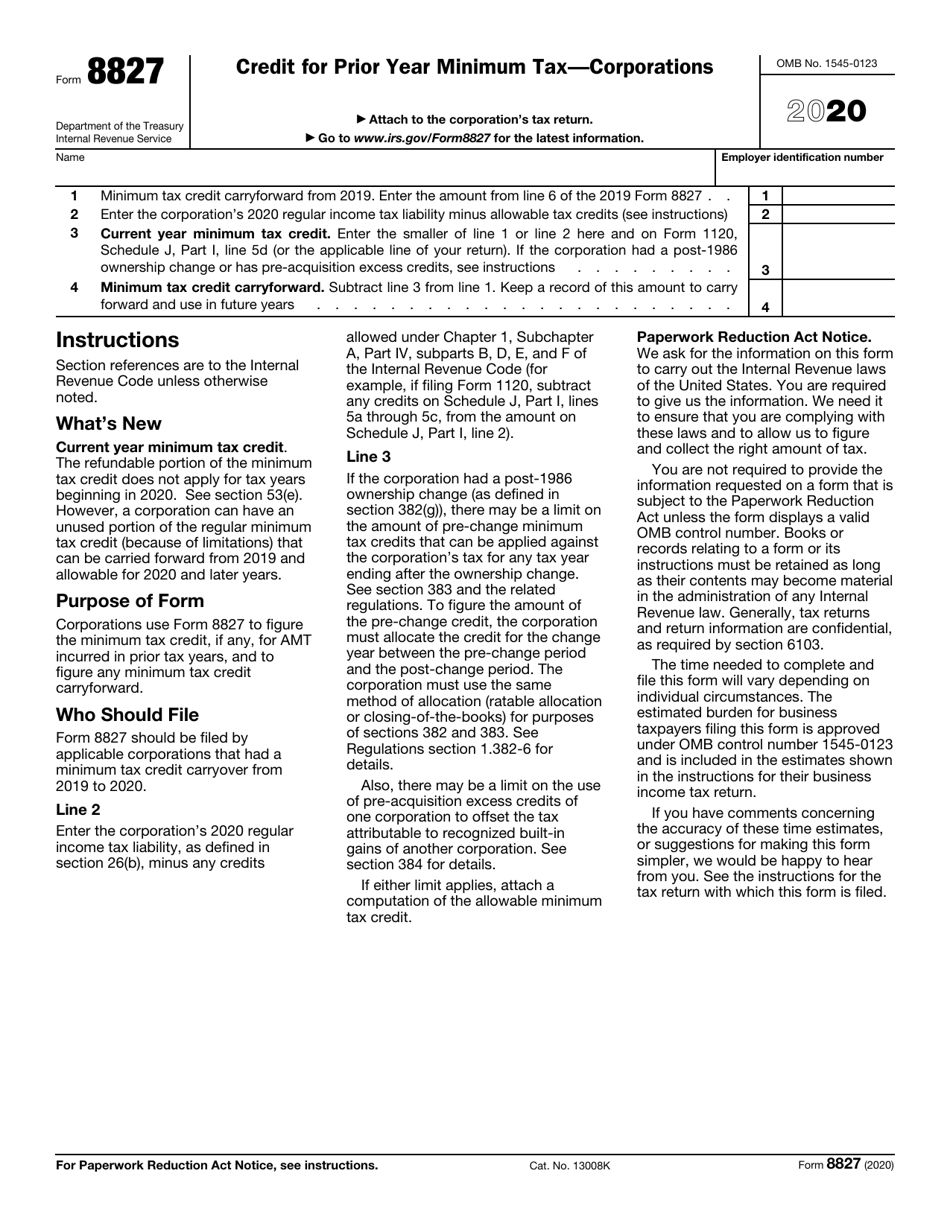 IRS Form 8827 Credit for Prior Year Minimum Tax - Corporations, Page 1