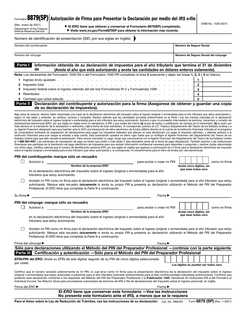 IRS Formulario 8879(SP) Autorizacion De Firma Para Presentar La Declaracion Por Medio Del IRS E-File (Spanish), Page 1