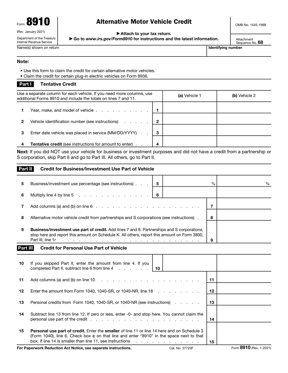 IRS Form 8910 Alternative Motor Vehicle Credit, Page 1