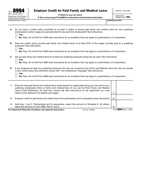 IRS Form 8994 Employer Credit for Paid Family and Medical Leave