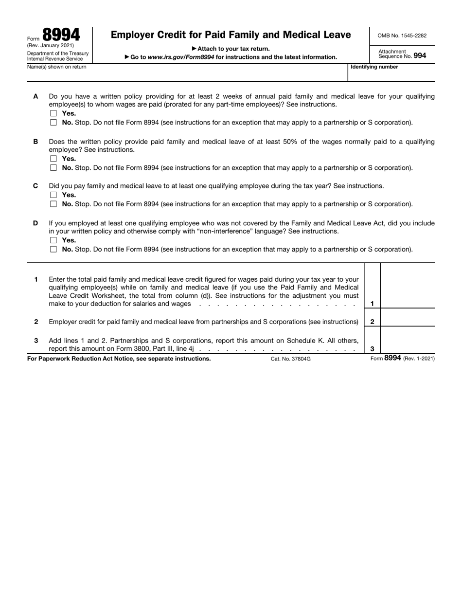 IRS Form 8994 Employer Credit for Paid Family and Medical Leave, Page 1