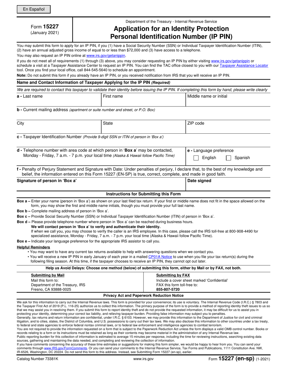 IRS Form 15227 Application for an Identity Protection Personal Identification Number (Ip Pin) (English / Spanish), Page 1