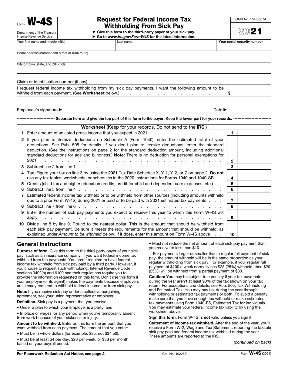 IRS Form W-4S Request for Federal Income Tax Withholding From Sick Pay, Page 1