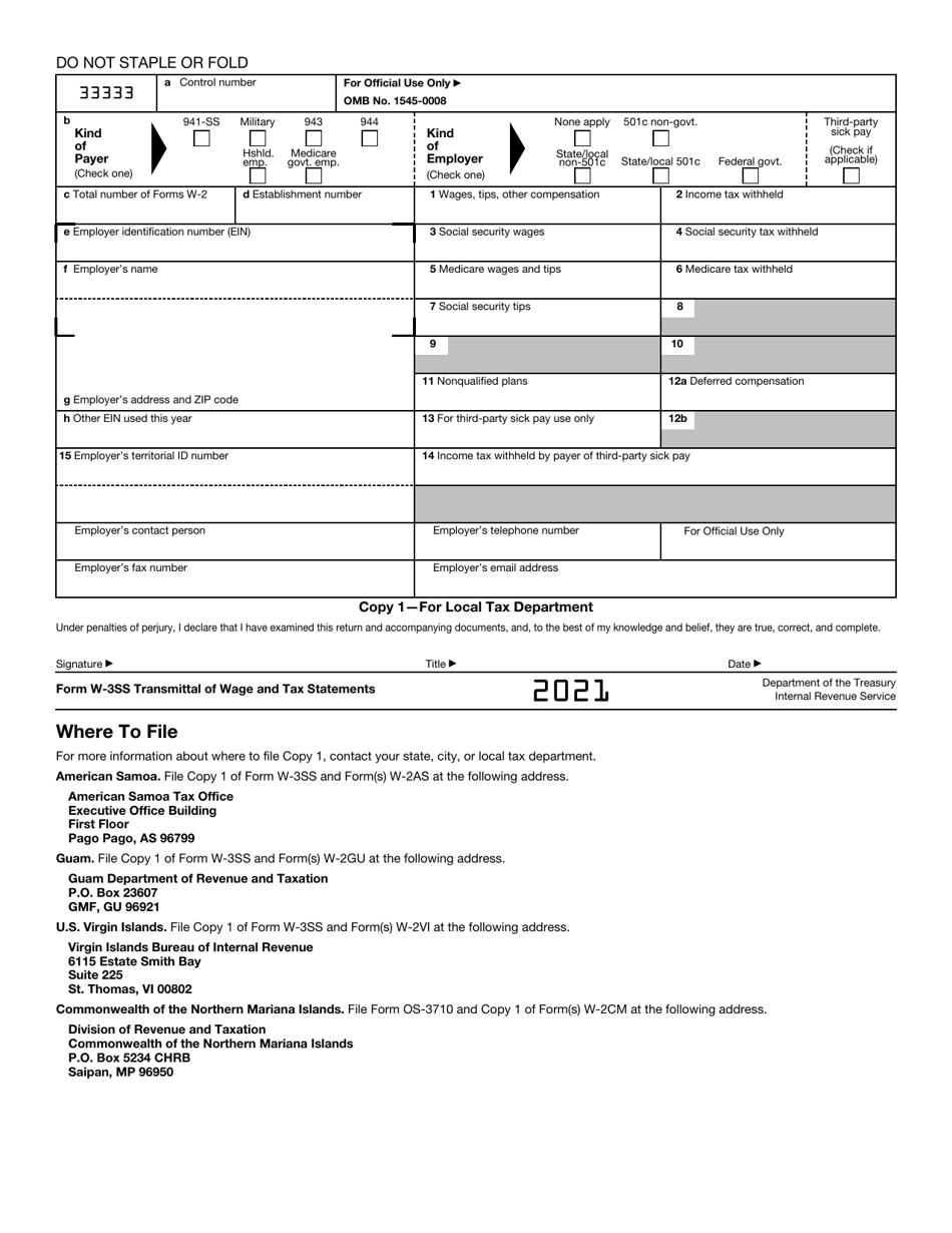 Irs Form W 3ss Download Printable Pdf Or Fill Online Transmittal Of Wage And Tax Statements