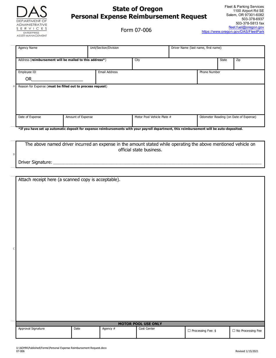 Form 07-006 Personal Expense Reimbursement Request - Oregon, Page 1