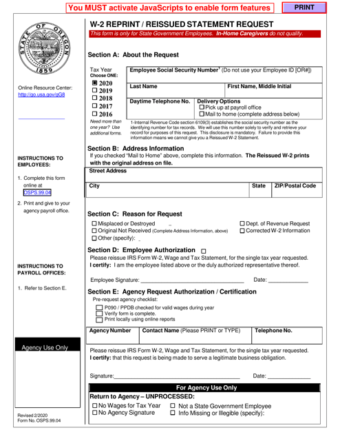 Form OSPS.99.04 W-2 Reprint/Reissued Statement Request - Oregon