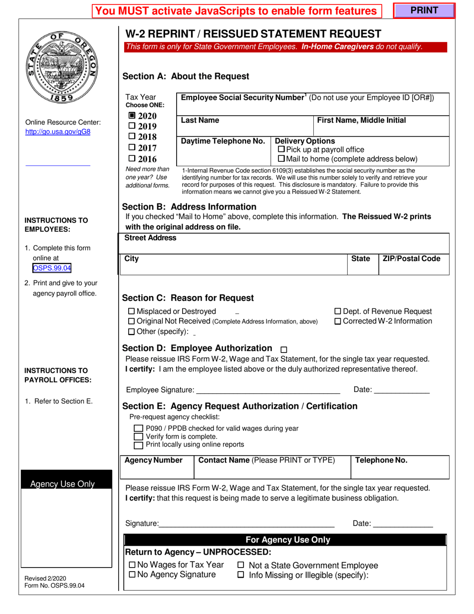 Form OSPS.99.04 W-2 Reprint / Reissued Statement Request - Oregon, Page 1