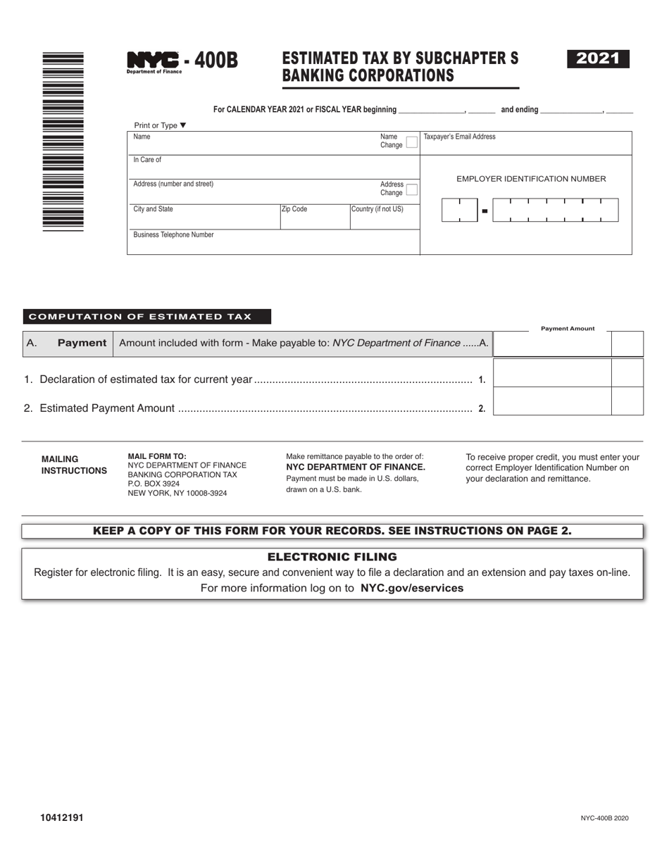 Form NYC400B Download Printable PDF or Fill Online Estimated Tax by