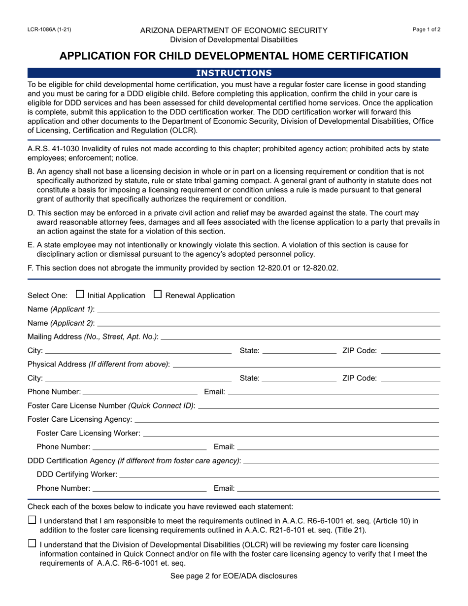 Form LCR-1086A Application for Child Developmental Home Certification - Arizona, Page 1