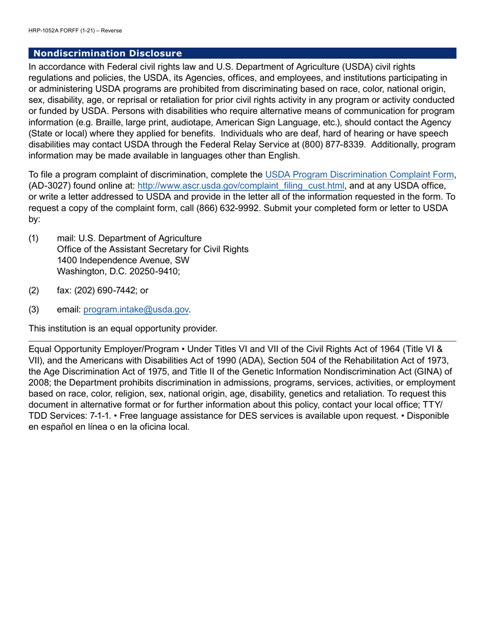 Form HRP-1052A Commodity Senior Food Program (Csfp) Notice of Action - Arizona, Page 2