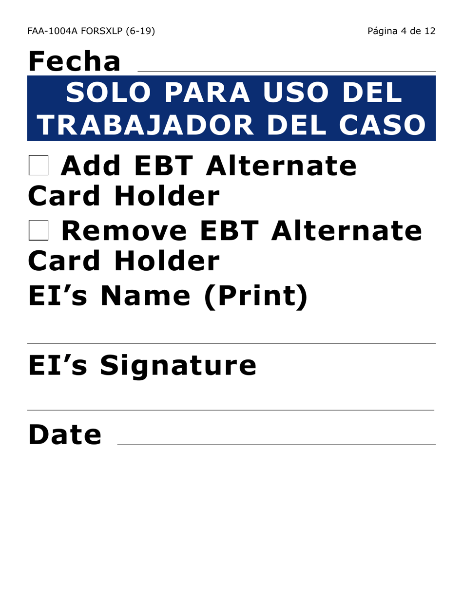 Formulario FAA-1004A-SXLP Designacion De Titular Sustituto Para La Tarjeta De Ebt (Letra Extra Grande) - Arizona (Spanish), Page 4