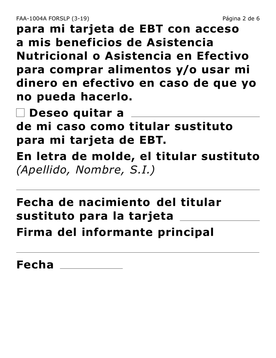 Formulario FAA-1004A-SLP Designacion De Titular Sustituto Para La Tarjeta De Ebt (Letra Grande) - Arizona (Spanish), Page 2